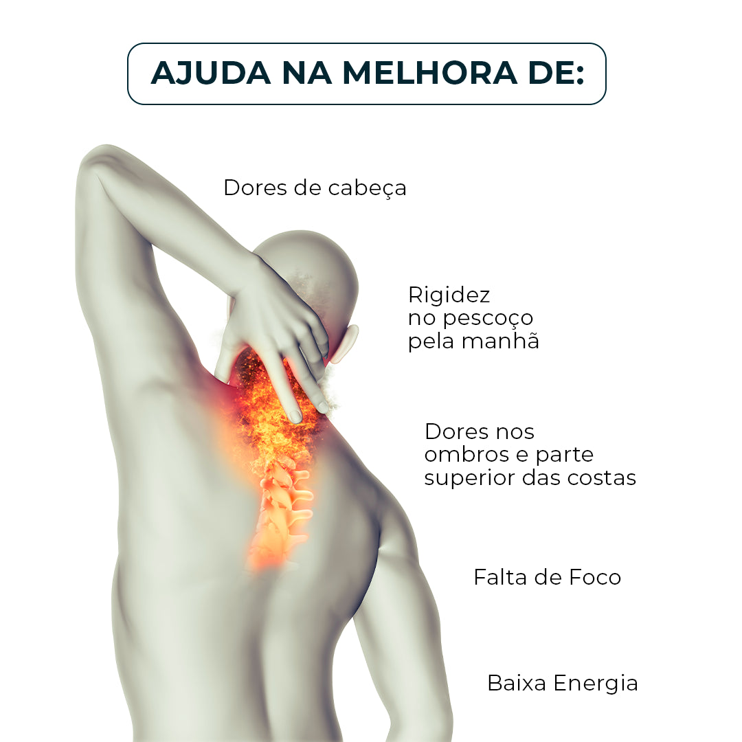 Imagem ilustrativa mostrando os benefícios de usar o travesseiro cervical coluna relax que ajuda a melhorar rigidez no pescoço pela manhã, dores nos ombros e parte superior nas costas, falta de foco e baixa energia