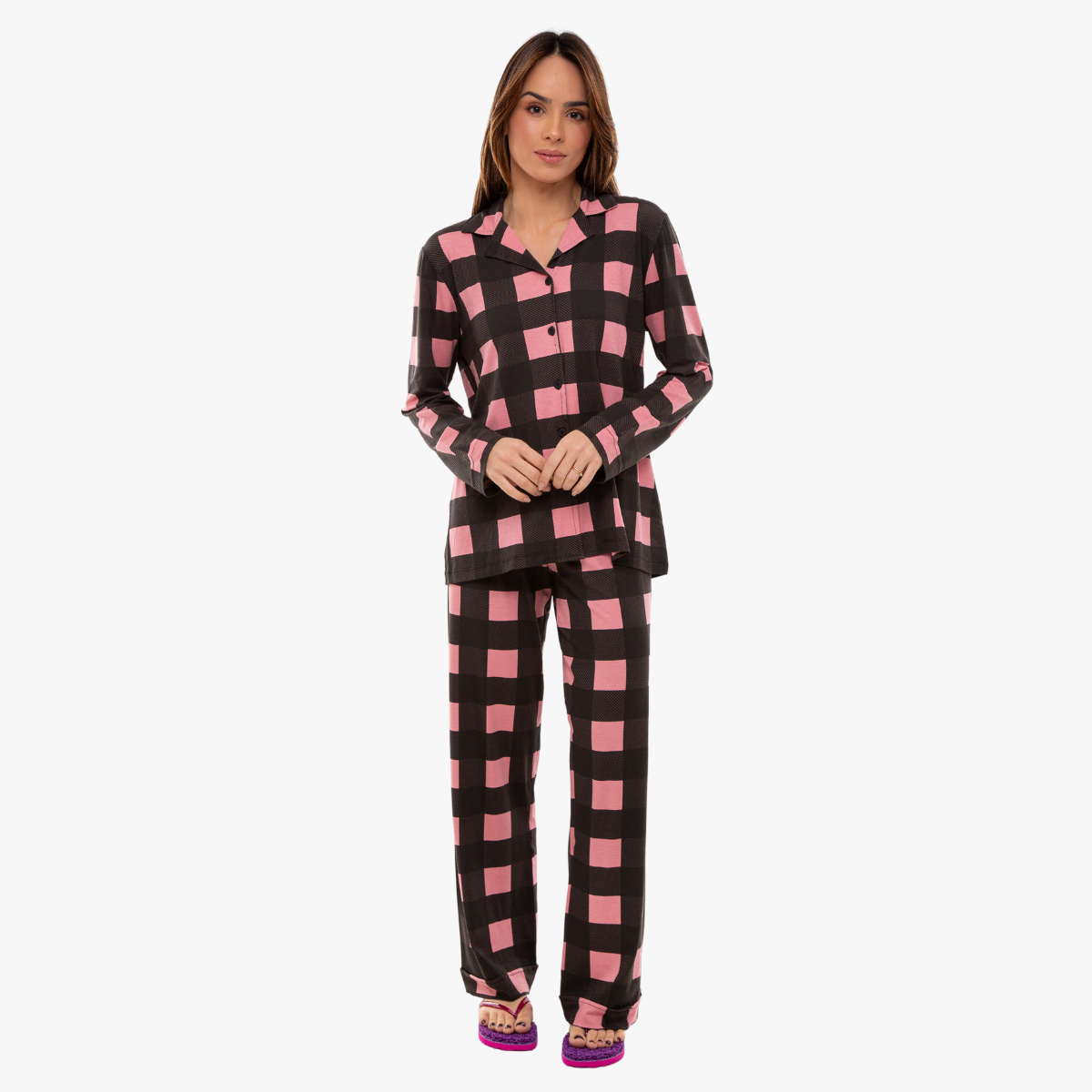 Pijama Americano Longo Xadrez Rosa