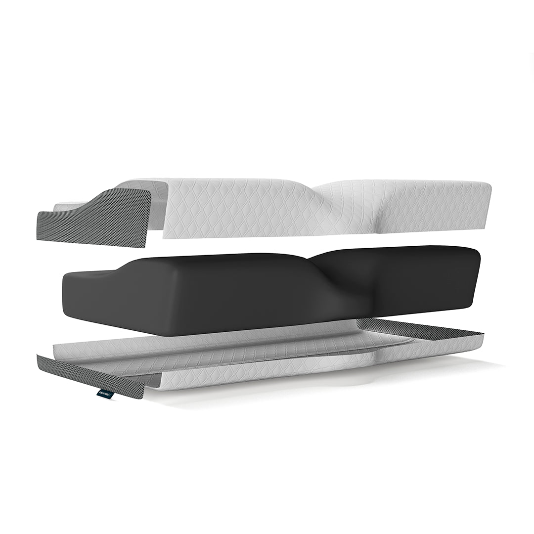 Vista detalhada das camadas do Travesseiro Cervical Coluna Relax®, mostrando espuma de alta densidade e capa protetora ergonômica para maior conforto e durabilidade.