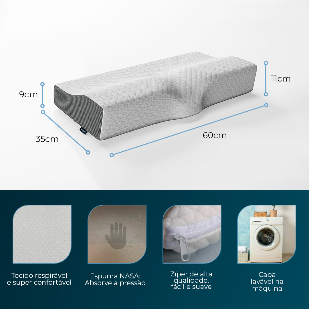  Travesseiro Cervical Coluna Relax® com tecido respirável, espuma NASA, zíper de alta qualidade e capa lavável, medindo 60 cm x 35 cm x 11 cm.